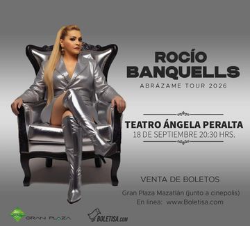 Rocío Banquells in silver outfit promoting Abrázame Tour 2026 concert.