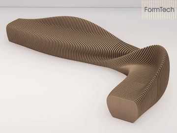 Modern, sculptural wooden bench with layered design in a minimalist space.
