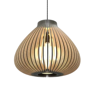 Modern wooden pendant light with vertical slats and warm glow.