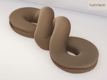 Modern, sculptural seating made of layered wood slats in a fluid, intertwined design.