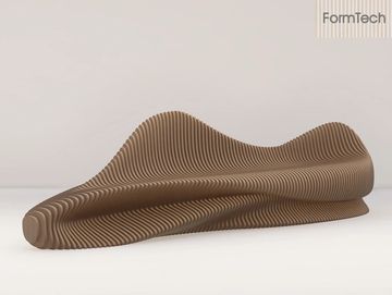 Modern brown sculptural bench with wave-like layered design.