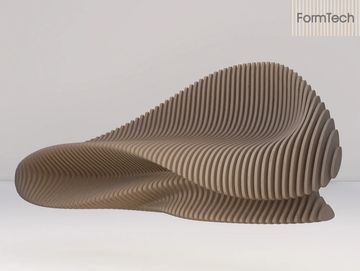 Modern wave-shaped bench made of layered wood slats in a minimalist setting.