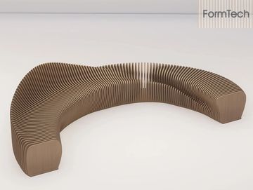 Curved wooden bench with a modern design on a minimalistic white background.