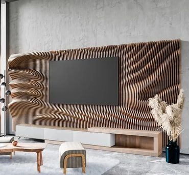 Modern living room with a wavy wooden TV wall panel and minimalist furniture.