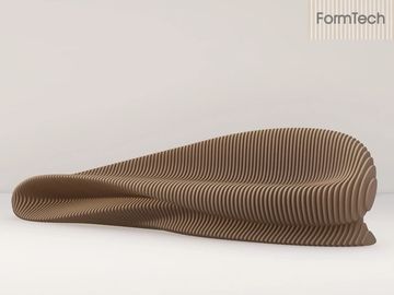 A modern, wave-like brown bench against a plain white wall with the text 'FormTech'.