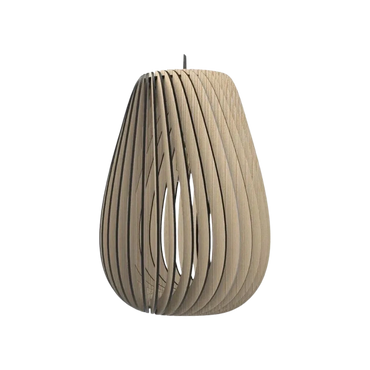 Modern wooden pendant light with curved slats.