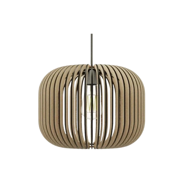 Wooden slat pendant light with central bulb and cable.