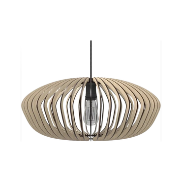 Modern pendant light with wooden slats and exposed bulb.