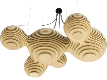 Modern wooden chandelier with concentric circular layers.