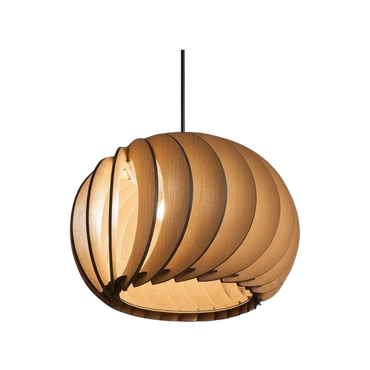 A modern wooden pendant lamp with curved slats forming a spherical shape.