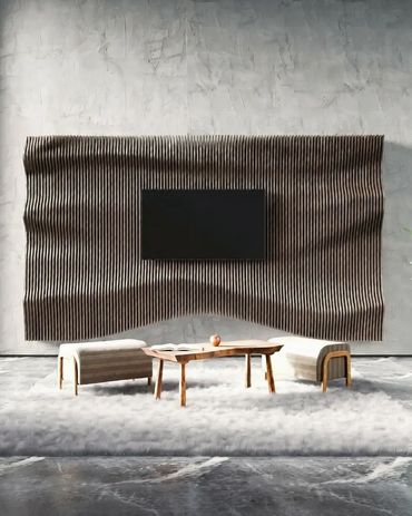 Modern living room with a textured wall and minimalist furniture.