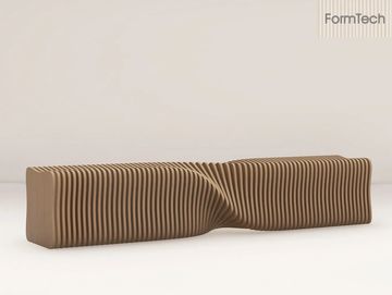 Modern wooden bench with a twisted, ribbed design in a minimalist setting.
