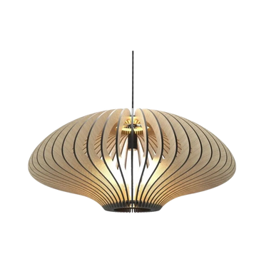 Modern pendant light with wooden slats and warm glow.