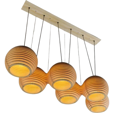 Modern wooden pendant light fixture with six glowing spherical lamps.