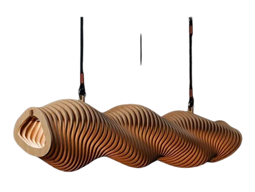 Modern wooden pendant light with a wavy, layered design.