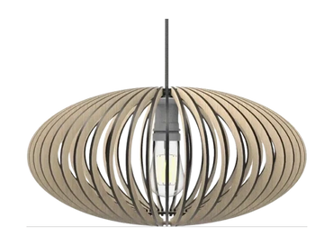 Modern pendant light with wooden slats and central bulb.