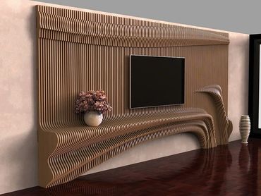 A modern wooden TV wall panel with flowing, curved slats and decorative vases.