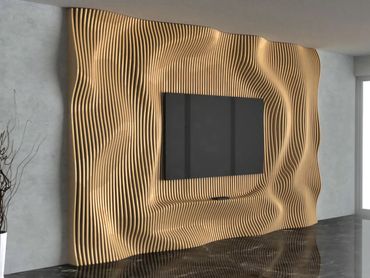 Modern living room with wavy wooden TV wall and minimalist decor.