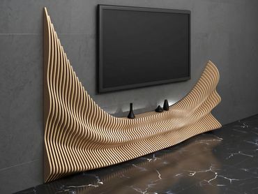 Modern wooden bench with wavy design under a wall-mounted TV in a sleek room.