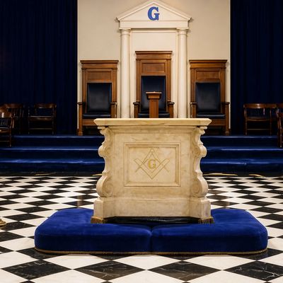 Interior of a Masonic lodge with symbolic decorations and a checkered floor.