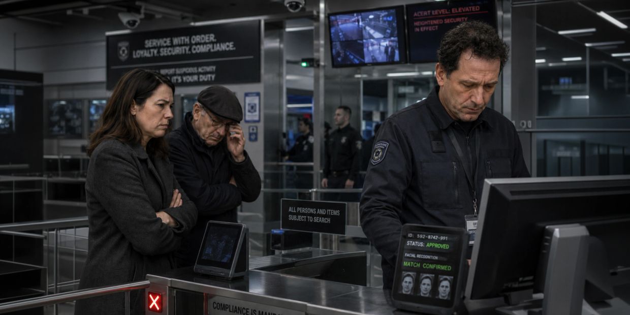 Security officer checks identity while two people wait at a checkpoint.