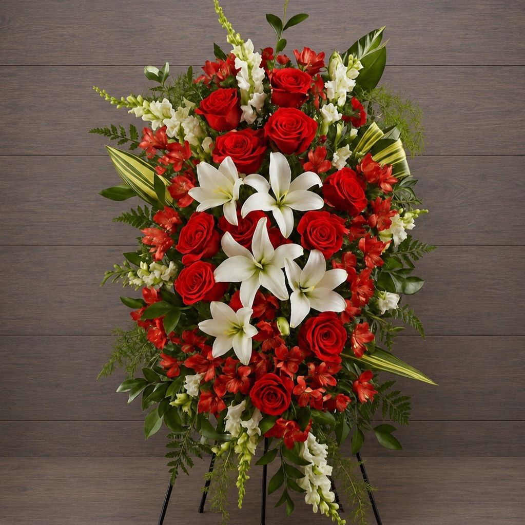 Elegant floral arrangement with red roses and white lilies on a wooden backdrop.