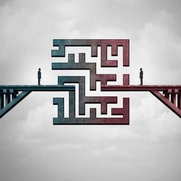 Two men face each other over a split maze bridge.