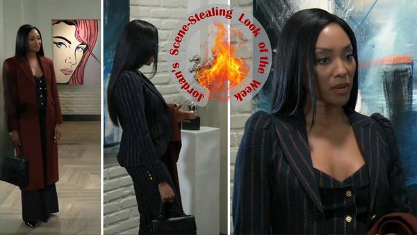 Jordan in a pin-stripe suit at the gallery on General Hospital