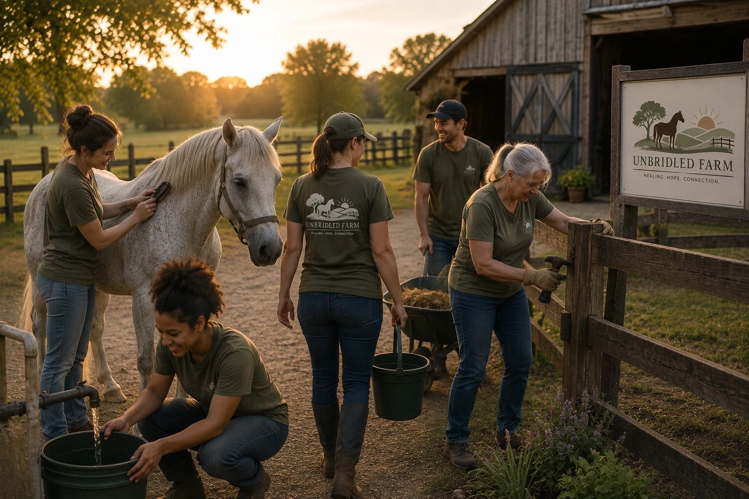 Volunteers care for a horse and maintain the farm at sunset.