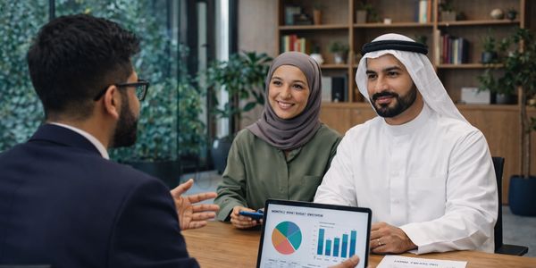 Couple consulting a financial advisor with budget charts on a laptop.
