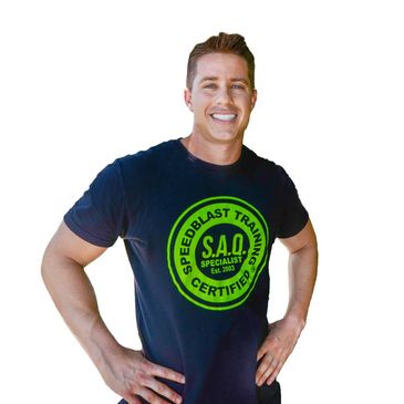 A person wearing a shirt with a fitness training design