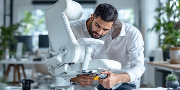 Man assembling a white ergonomic office chair in a modern workspace.