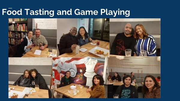 Couples enjoying food and board games