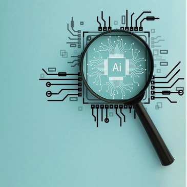 Magnifying glass focusing on AI chip illustration.