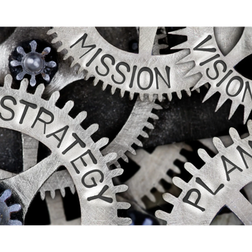 Interlocked gears labeled with business terms.