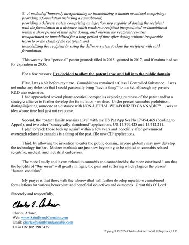 Press release, page 2: Non-Lethal Weaponized Cannabis donated to the public domain, Sept. 8, 2024