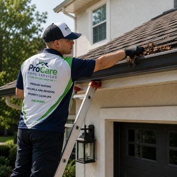 ProCare worker cleaning gutters on a house roof using gloves.