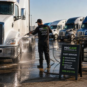 Worker pressure washing a truck at a fleet services site.