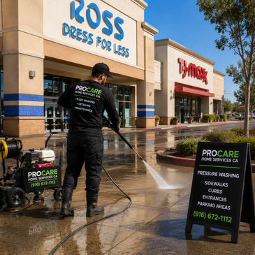 Worker pressure washes a shopping center sidewalk outside Ross and T.J.Maxx stores.