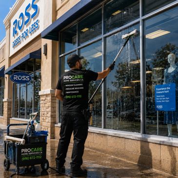 A professional window cleaner washing a Ross Dress for Less storefront window.
