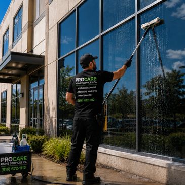 Professional window cleaner washing large building windows with water-fed pole.