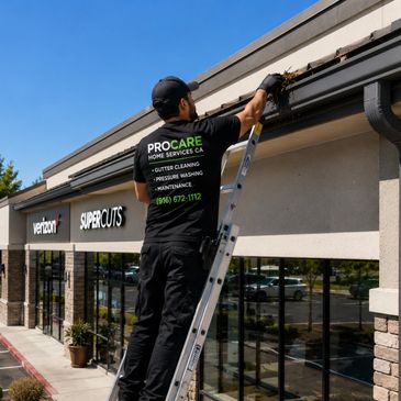 A worker cleans gutters on a commercial building using a ladder.