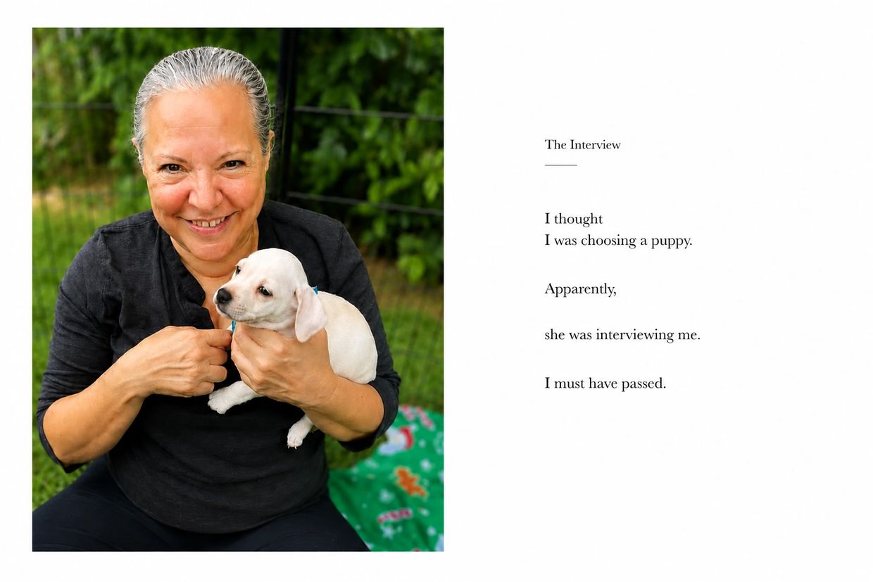 A woman holds a puppy with a humorous poem about choosing a puppy.