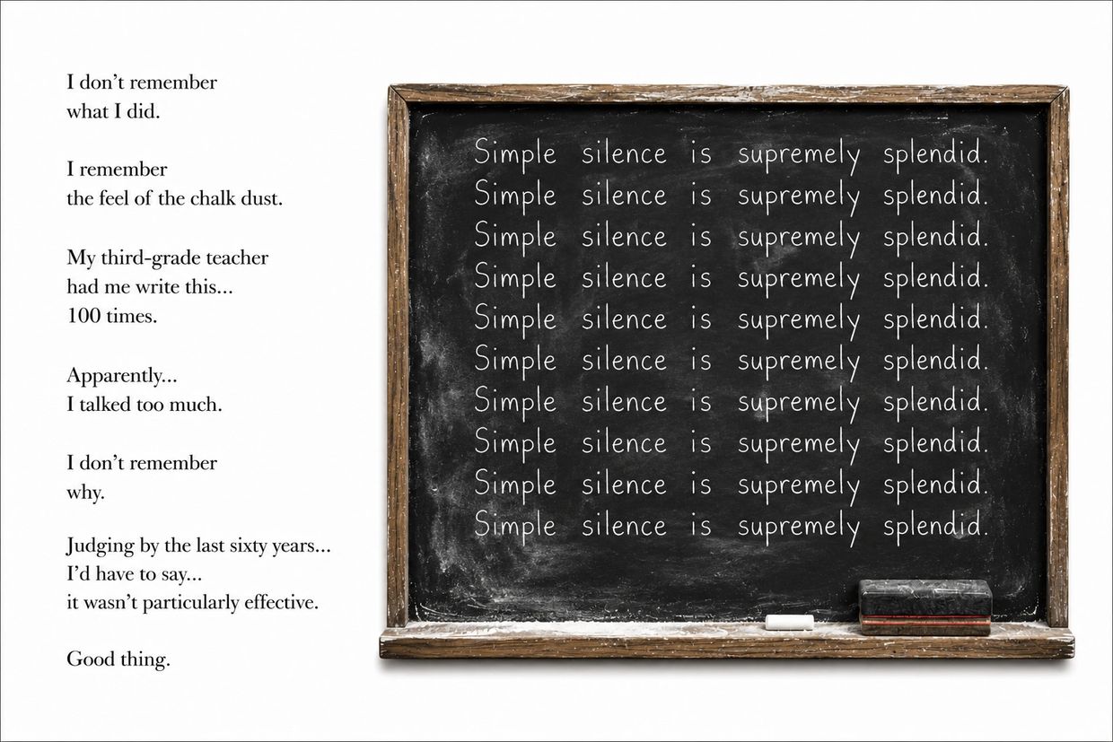 Writing punishment on a chalkboard with a humorous poem about talking too much.