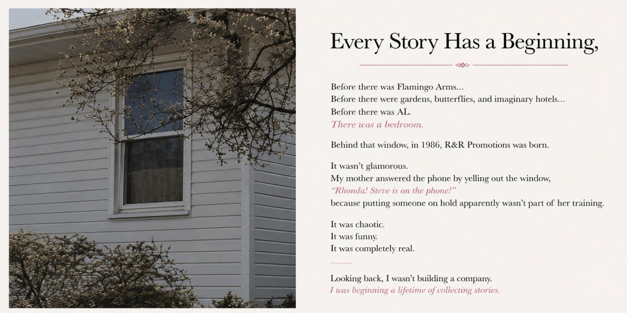 Image of a house window and text about the beginning of a story.