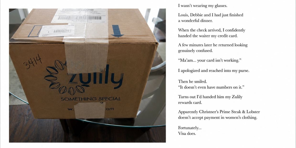 A Zulily box beside a humorous story about confusing a rewards card for a credit card.
