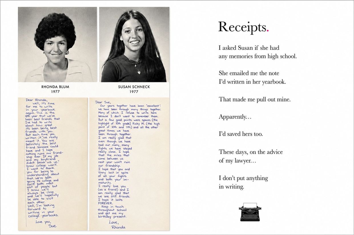 High school yearbook notes exchanged between Rhonda and Susan in 1977.