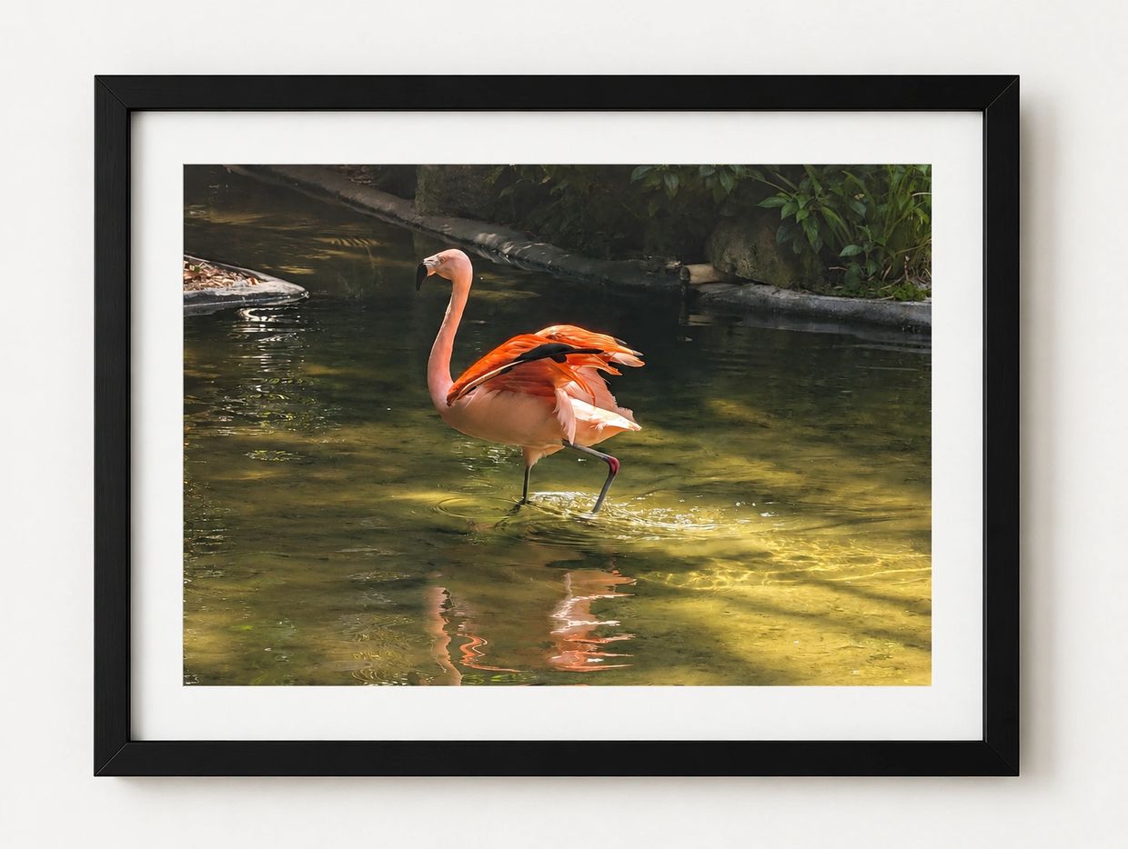A flamingo standing on one leg in shallow water.