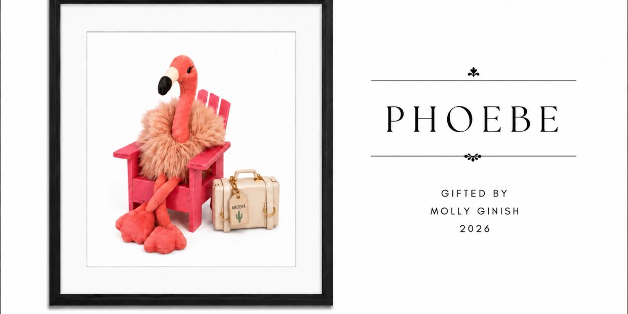 Illustration of a flamingo named Phoebe in a pink chair with a suitcase, gifted by Molly Ginish in 2026.