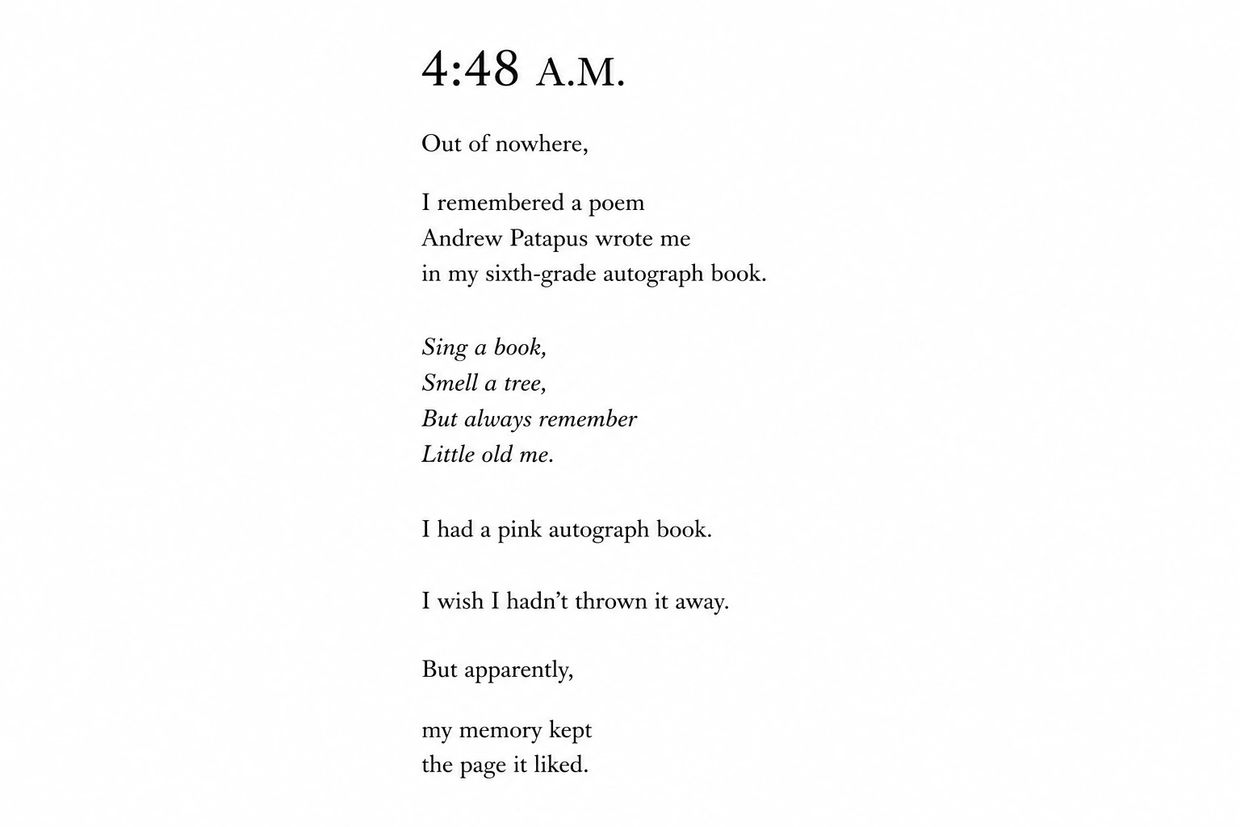 A reflective poem about remembering a childhood autograph book.